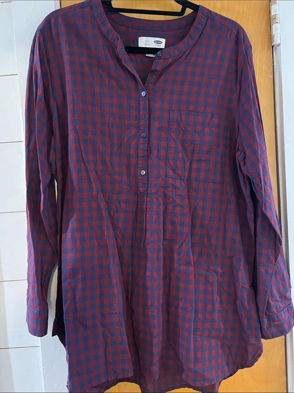 Old Navy Red and Navy Check Henley Button-Front Tunic